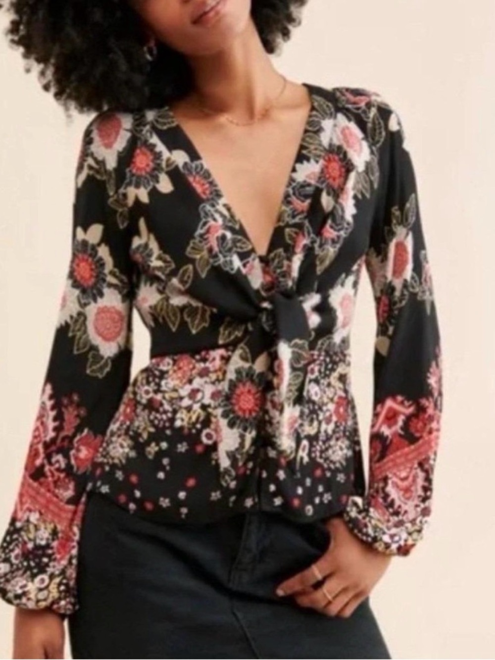 Free People Black Floral Tie-Front Top with Red & White Accents -Sz XL